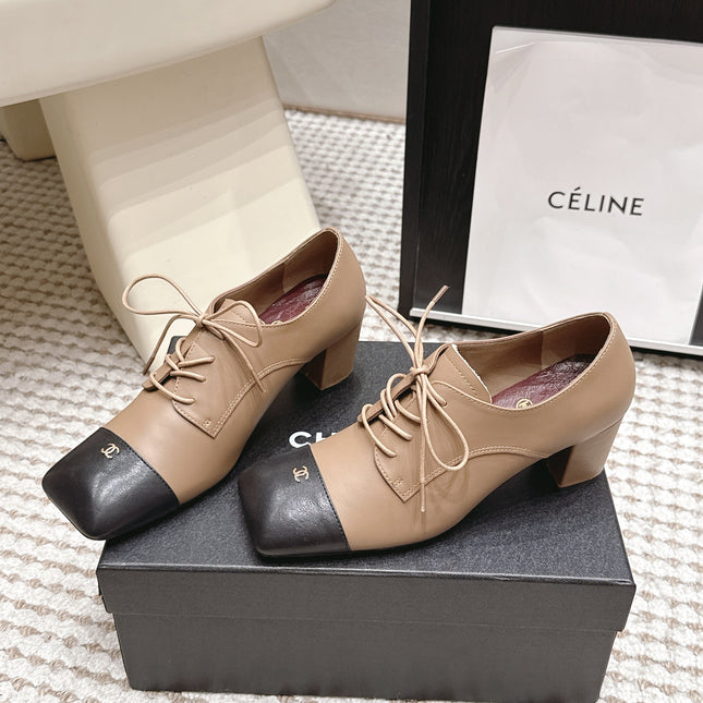 CHANEL 26S LACE-UP OXFORD HEELS IN LIGHT BROWN CALFSKIN WITH BLACK TOE CAP