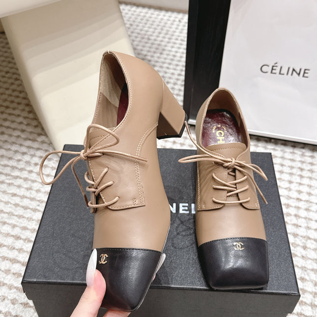 CHANEL 26S LACE-UP OXFORD HEELS IN LIGHT BROWN CALFSKIN WITH BLACK TOE CAP