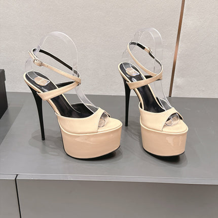 YSL 26S PLATFORM SANDALS 155 MM IN BEIGE PATENT LEATHER
