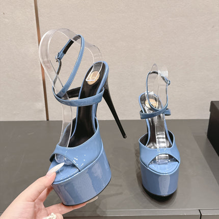 YSL 26S PLATFORM SANDALS 155 MM IN BLUE PATENT LEATHER