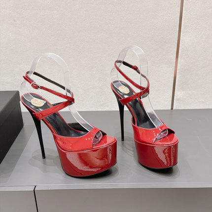 YSL 26S PLATFORM SANDALS 155 MM IN DARK RED PATENT LEATHER