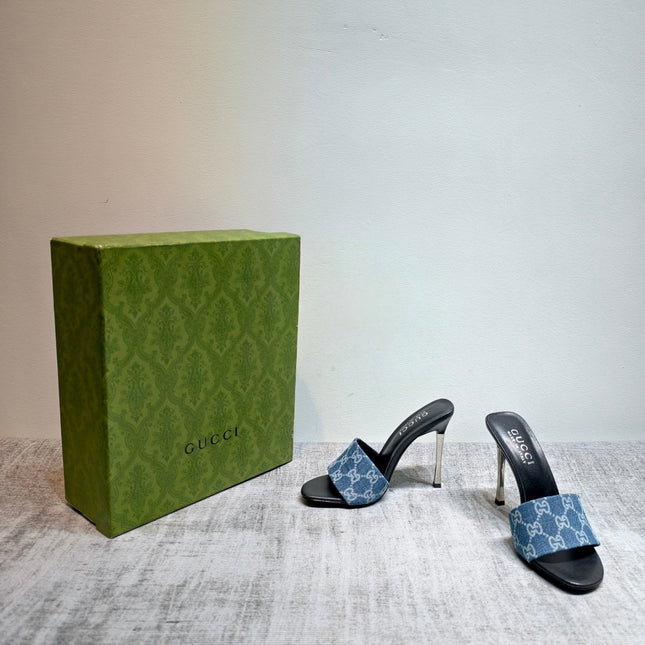 GUCCI 26S MULE SANDALS 110MM IN BLUE GG DENIM