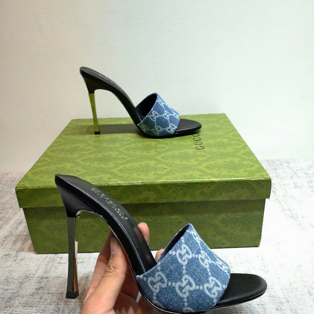 GUCCI 26S MULE SANDALS 110MM IN BLUE GG DENIM