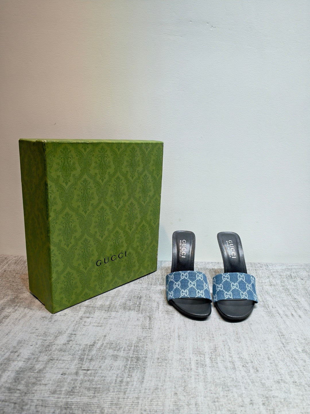 GUCCI 26S MULE SANDALS 110MM IN BLUE GG DENIM