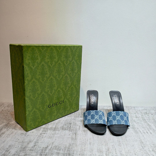 GUCCI 26S MULE SANDALS 110MM IN BLUE GG DENIM