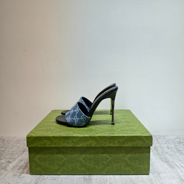GUCCI 26S MULE SANDALS 110MM IN BLUE GG DENIM