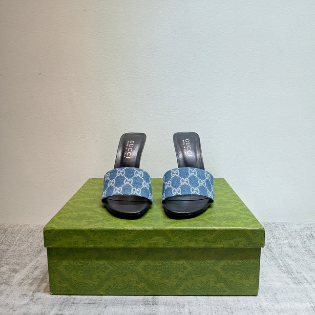 GUCCI 26S MULE SANDALS 110MM IN BLUE GG DENIM
