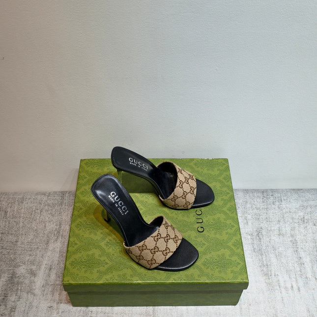 GUCCI 26S MULE SANDALS 110MM IN BEIGE BROWN GG CANVAS