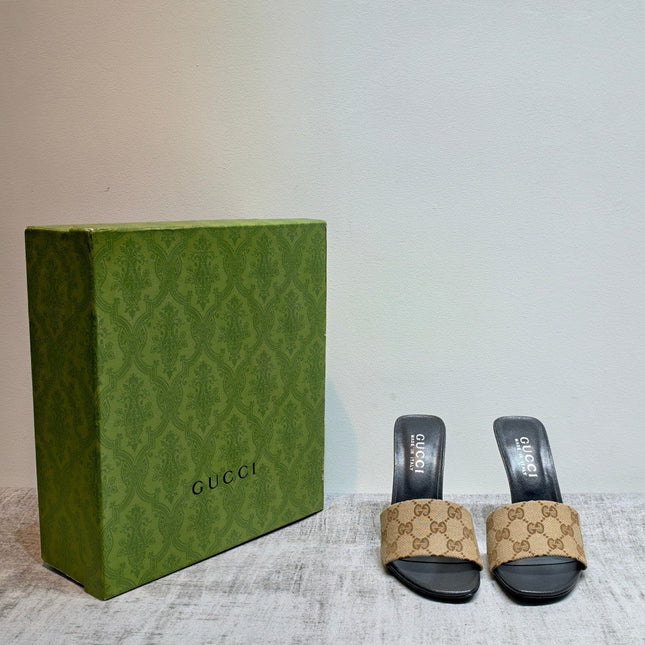 GUCCI 26S MULE SANDALS 110MM IN BEIGE BROWN GG CANVAS
