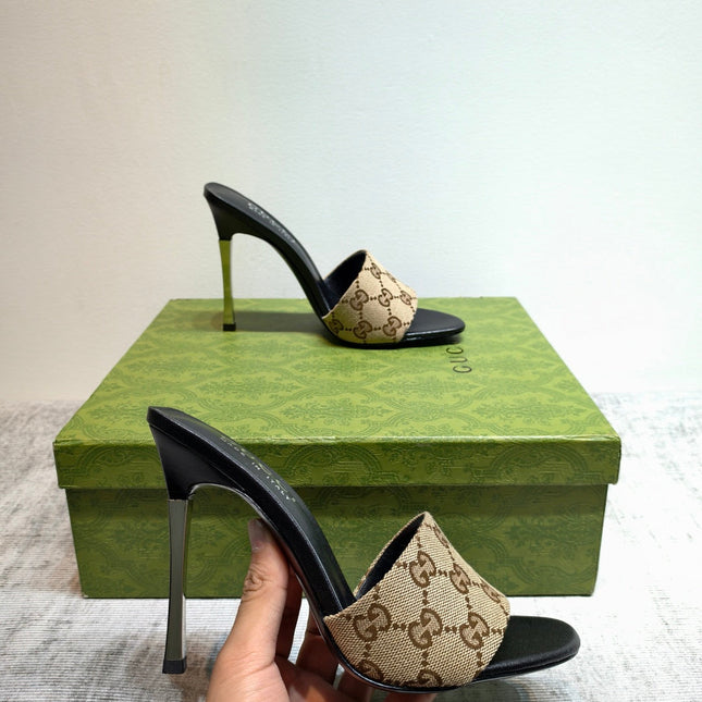 GUCCI 26S MULE SANDALS 110MM IN BEIGE BROWN GG CANVAS