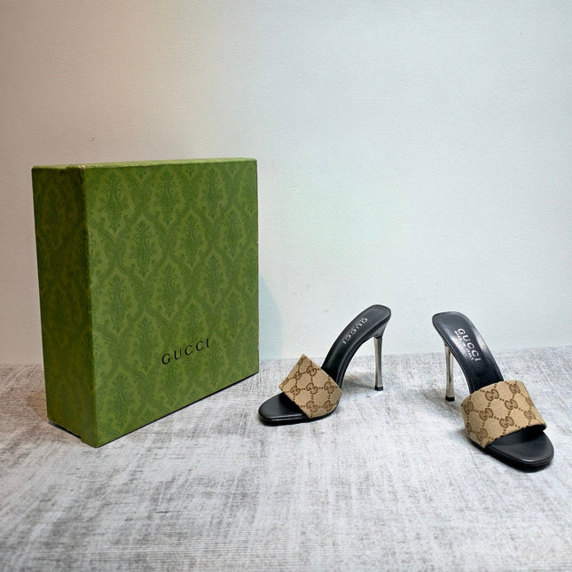 GUCCI 26S MULE SANDALS 110MM IN BEIGE BROWN GG CANVAS
