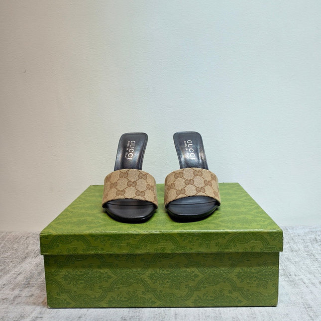 GUCCI 26S MULE SANDALS 110MM IN BEIGE BROWN GG CANVAS
