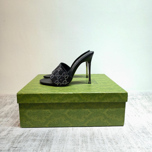 GUCCI 26S MULE SANDALS 110MM IN BLACK SATIN CRYSTAL GG