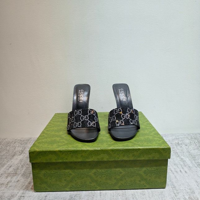 GUCCI 26S MULE SANDALS 110MM IN BLACK SATIN CRYSTAL GG