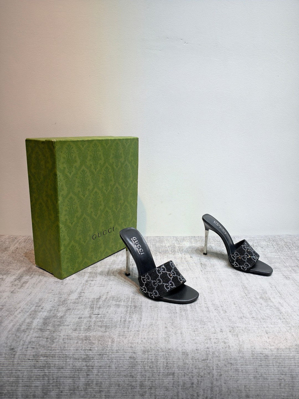GUCCI 26S MULE SANDALS 110MM IN BLACK SATIN CRYSTAL GG
