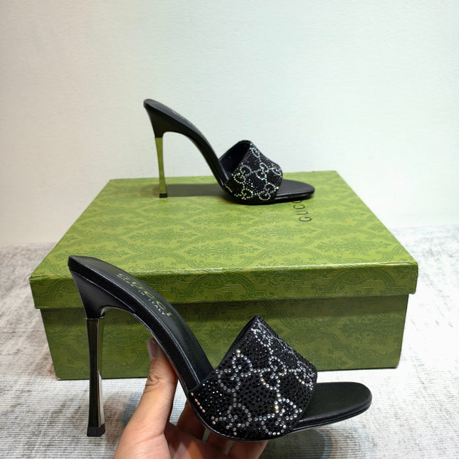 GUCCI 26S MULE SANDALS 110MM IN BLACK SATIN CRYSTAL GG