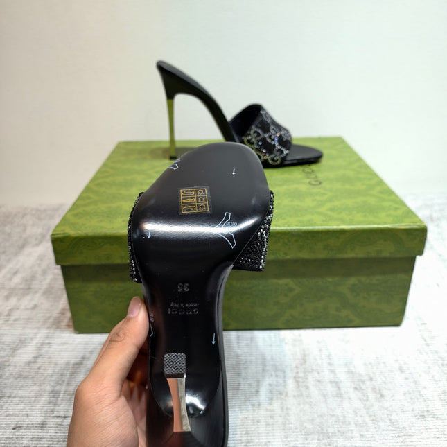 GUCCI 26S MULE SANDALS 110MM IN BLACK SATIN CRYSTAL GG