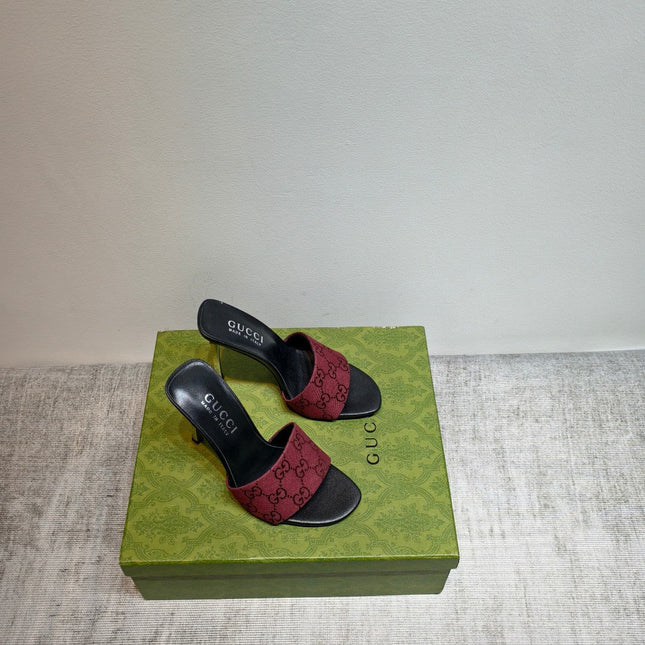 GUCCI 26S MULE SANDALS 110MM IN DARK RED GG CANVAS