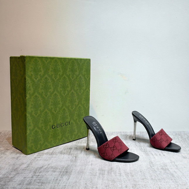 GUCCI 26S MULE SANDALS 110MM IN DARK RED GG CANVAS