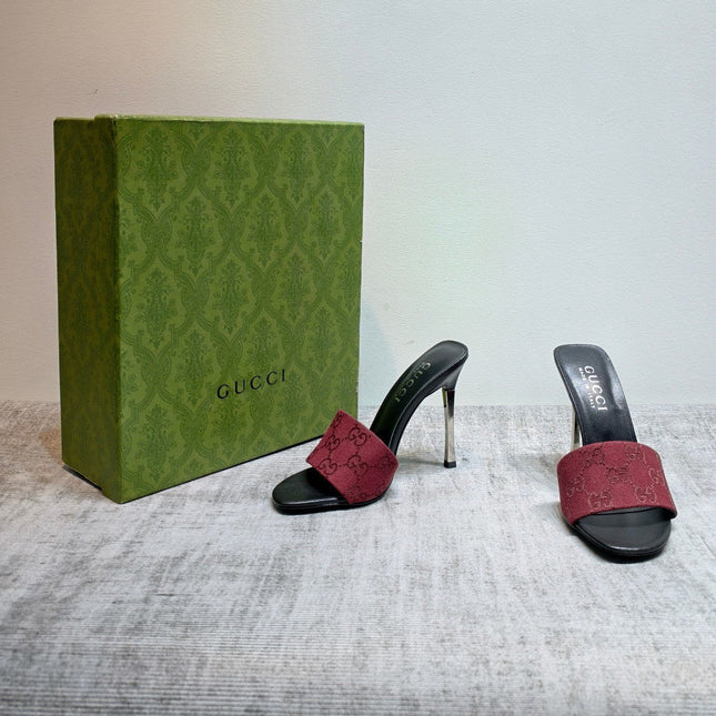 GUCCI 26S MULE SANDALS 110MM IN DARK RED GG CANVAS