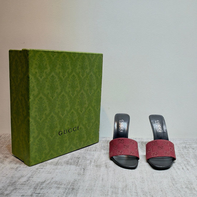 GUCCI 26S MULE SANDALS 110MM IN DARK RED GG CANVAS