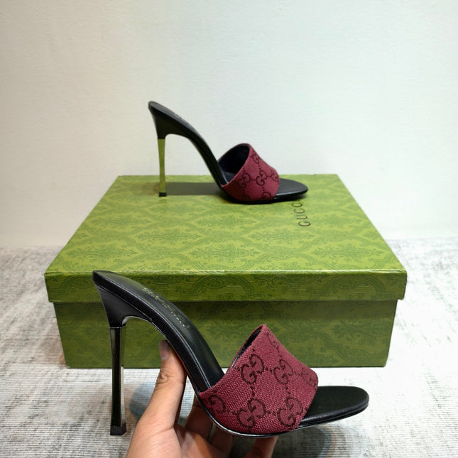 GUCCI 26S MULE SANDALS 110MM IN DARK RED GG CANVAS