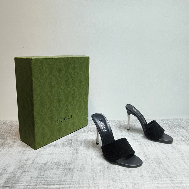 GUCCI 26S MULE SANDALS 110MM IN BLACK VELVET GG EMBOSSED