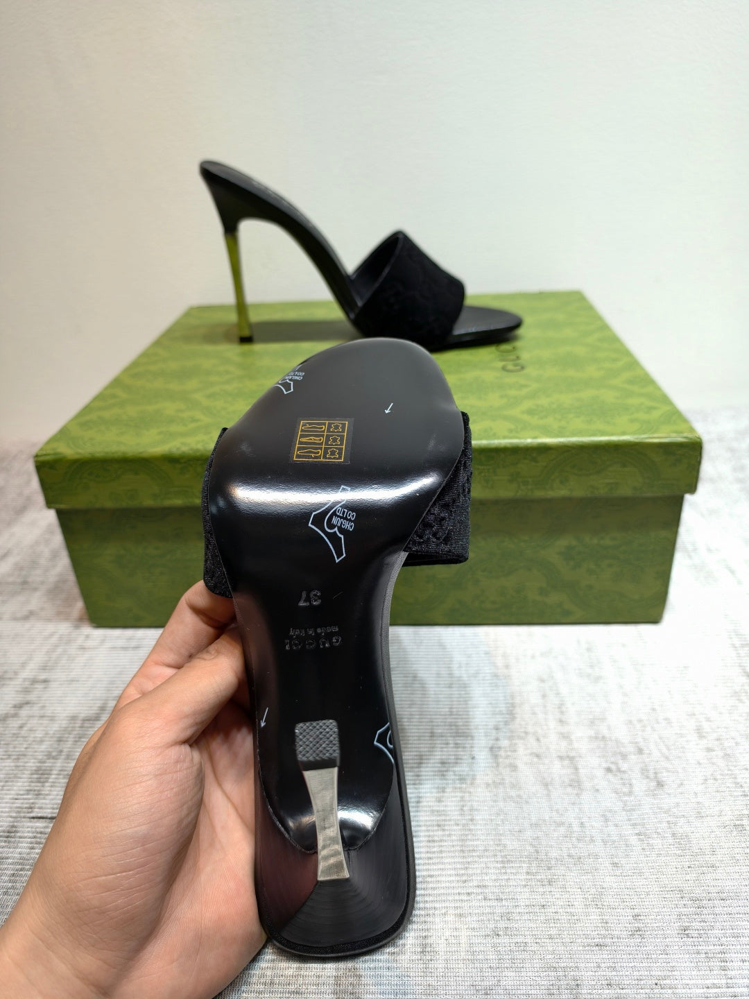 GUCCI 26S MULE SANDALS 110MM IN BLACK VELVET GG EMBOSSED