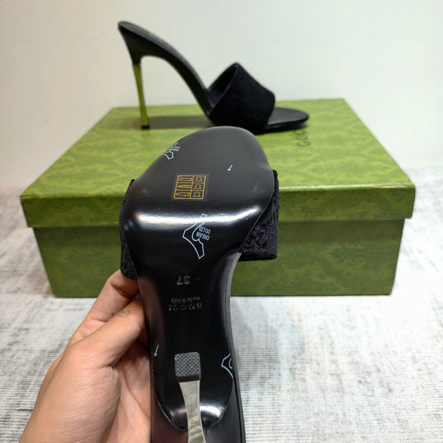 GUCCI 26S MULE SANDALS 110MM IN BLACK VELVET GG EMBOSSED