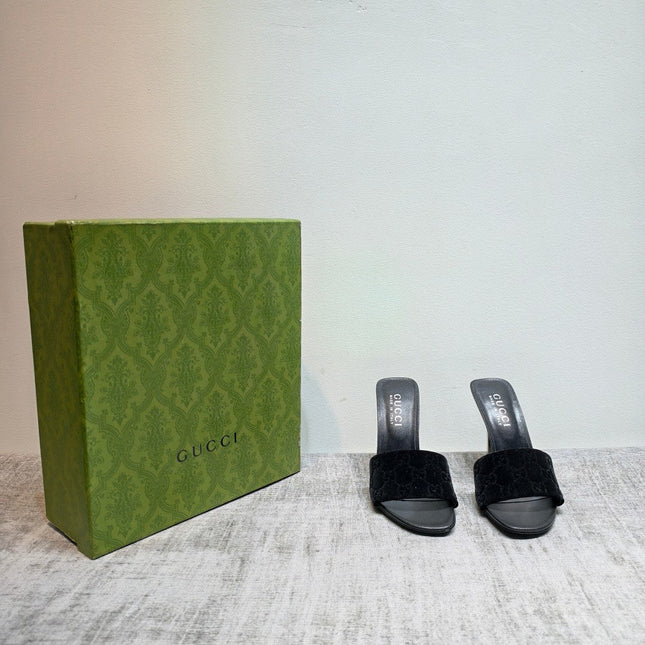 GUCCI 26S MULE SANDALS 110MM IN BLACK VELVET GG EMBOSSED