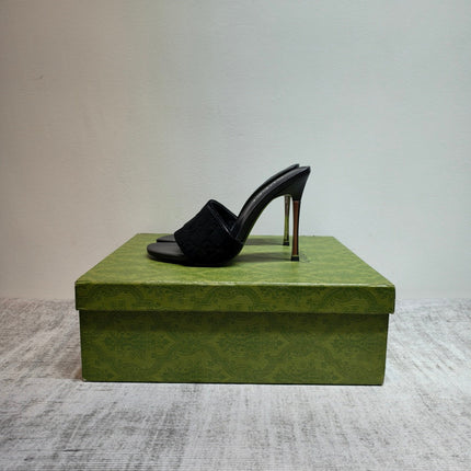 GUCCI 26S MULE SANDALS 110MM IN BLACK VELVET GG EMBOSSED