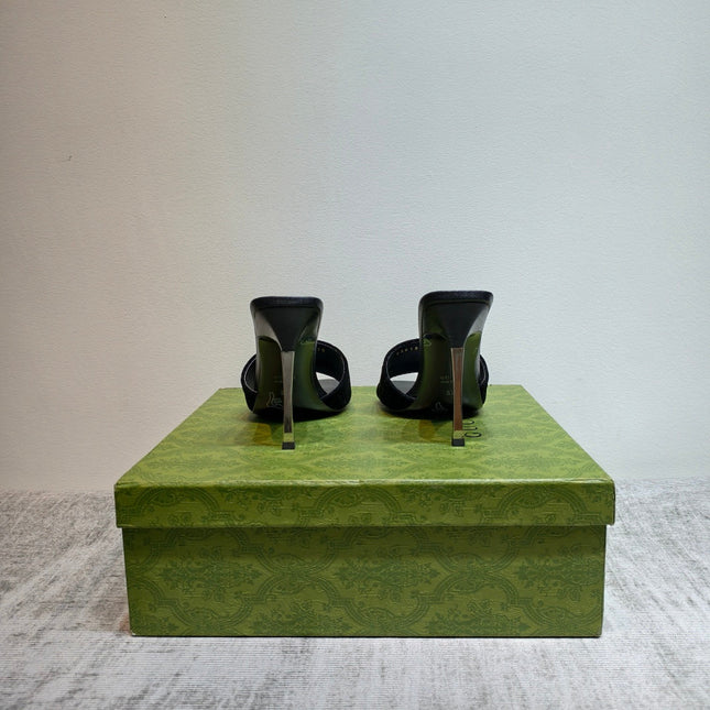 GUCCI 26S MULE SANDALS 110MM IN BLACK VELVET GG EMBOSSED