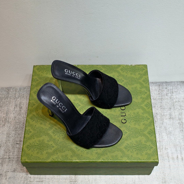 GUCCI 26S MULE SANDALS 110MM IN BLACK VELVET GG EMBOSSED