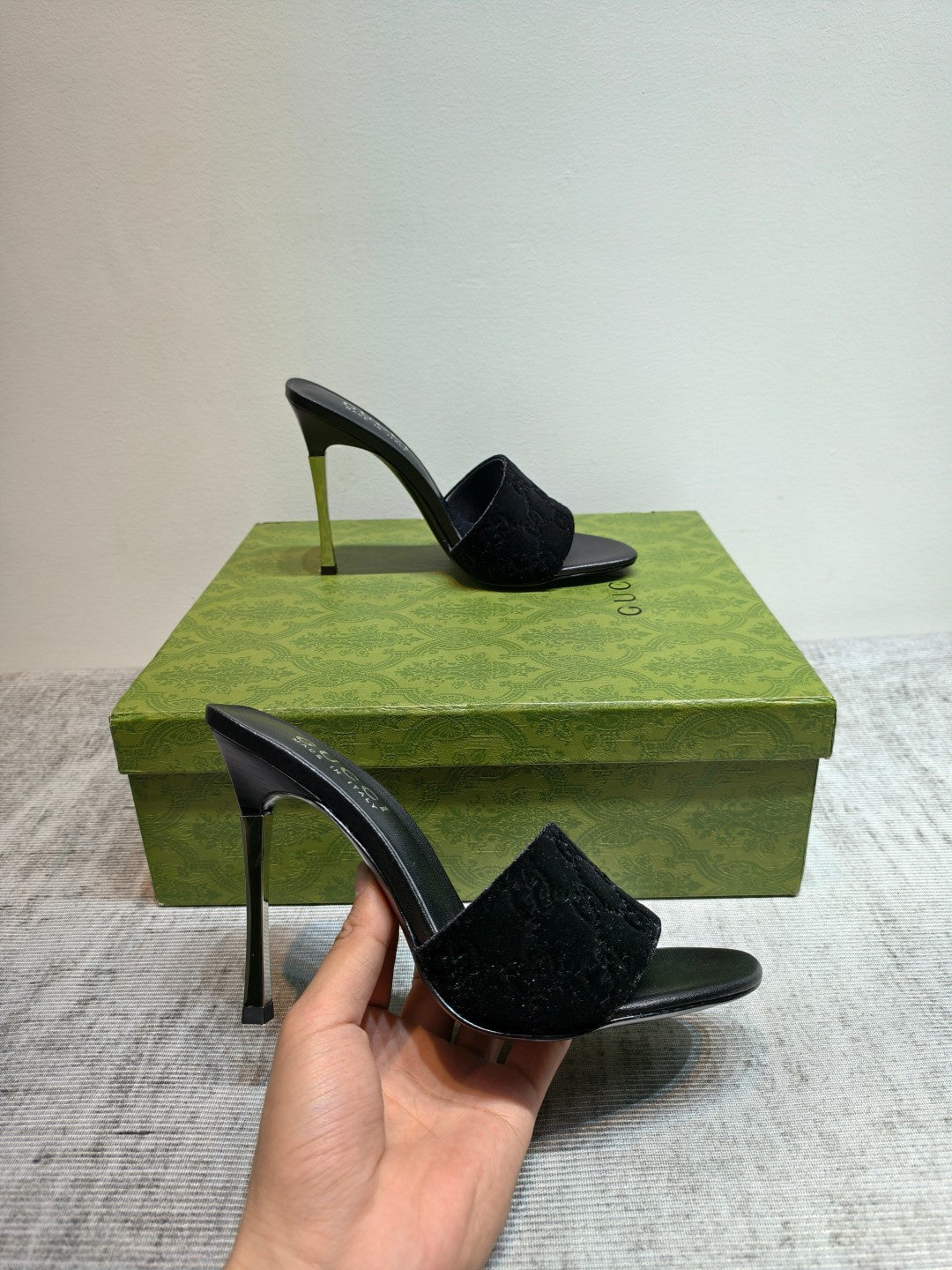 GUCCI 26S MULE SANDALS 110MM IN BLACK VELVET GG EMBOSSED