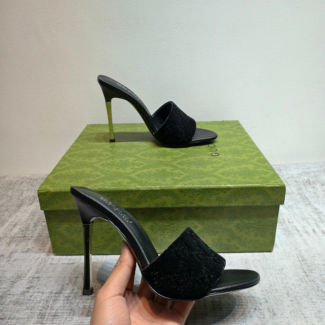 GUCCI 26S MULE SANDALS 110MM IN BLACK VELVET GG EMBOSSED