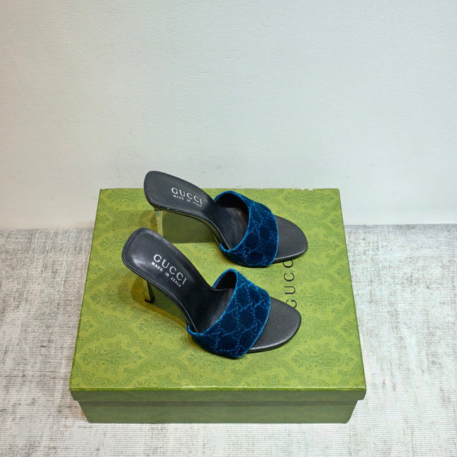 GUCCI 26S MULE SANDALS 110MM IN ROYAL BLUE VELVET GG EMBOSSED