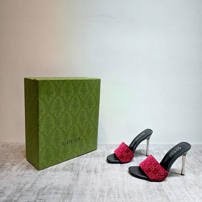 GUCCI 26S MULE SANDALS 110MM IN DARK RED VELVET GG EMBOSSED