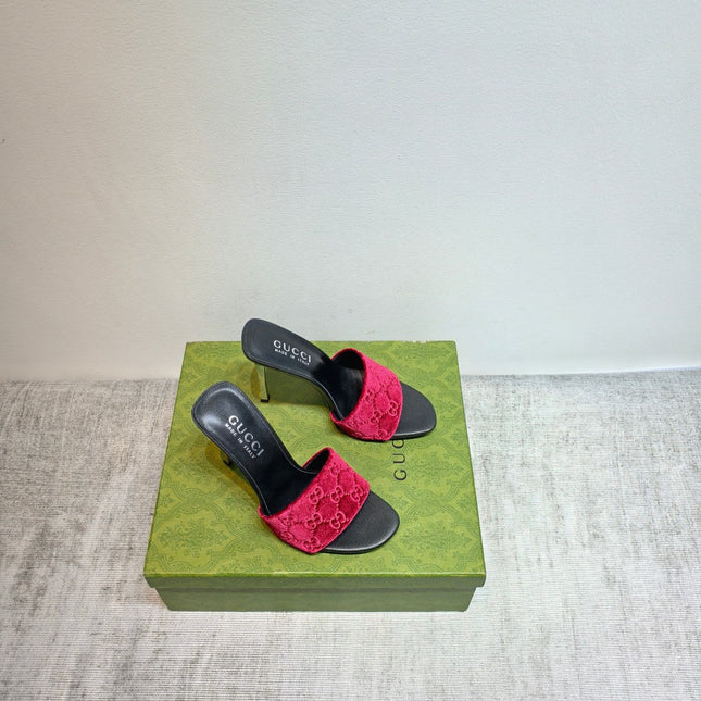 GUCCI 26S MULE SANDALS 110MM IN DARK RED VELVET GG EMBOSSED