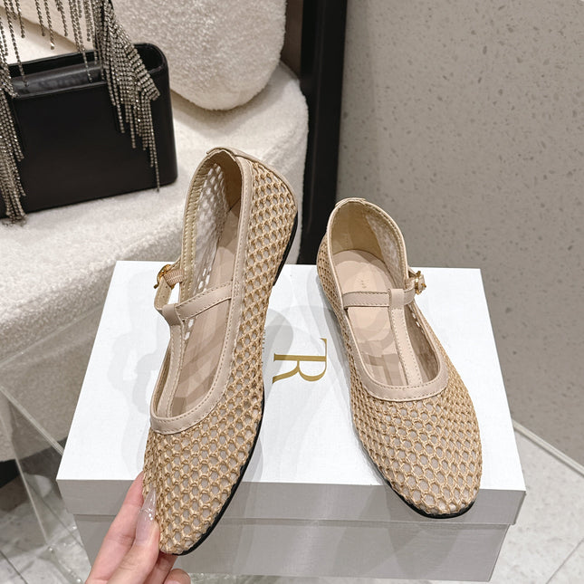 THE ROW 26S MARY JANE FLATS IN BEIGE CALFSKIN AND MESH