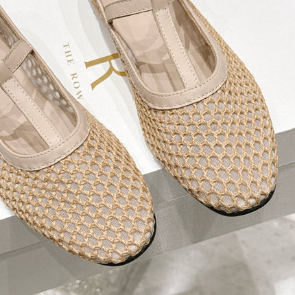 THE ROW 26S MARY JANE FLATS IN BEIGE CALFSKIN AND MESH