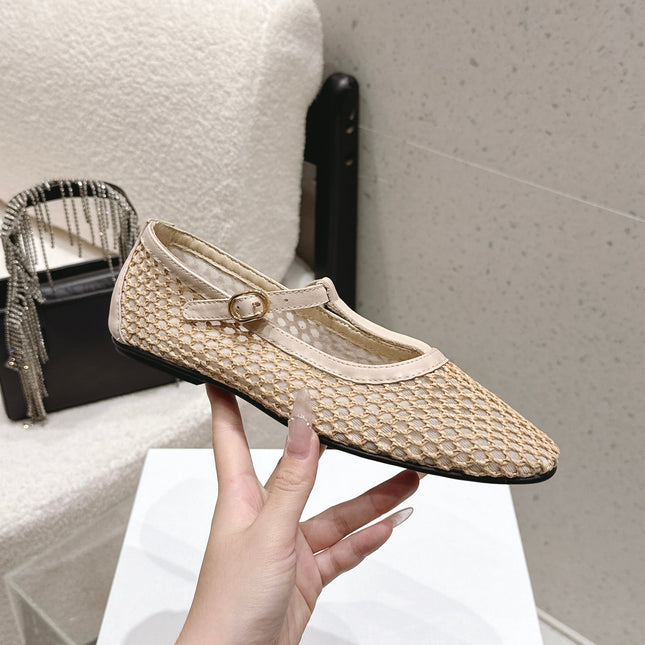THE ROW 26S MARY JANE FLATS IN BEIGE CALFSKIN AND MESH