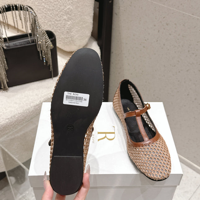THE ROW 26S MARY JANE FLATS IN LIGHT BROWN CALFSKIN AND MESH