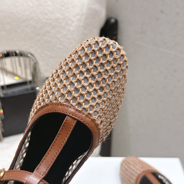 THE ROW 26S MARY JANE FLATS IN LIGHT BROWN CALFSKIN AND MESH