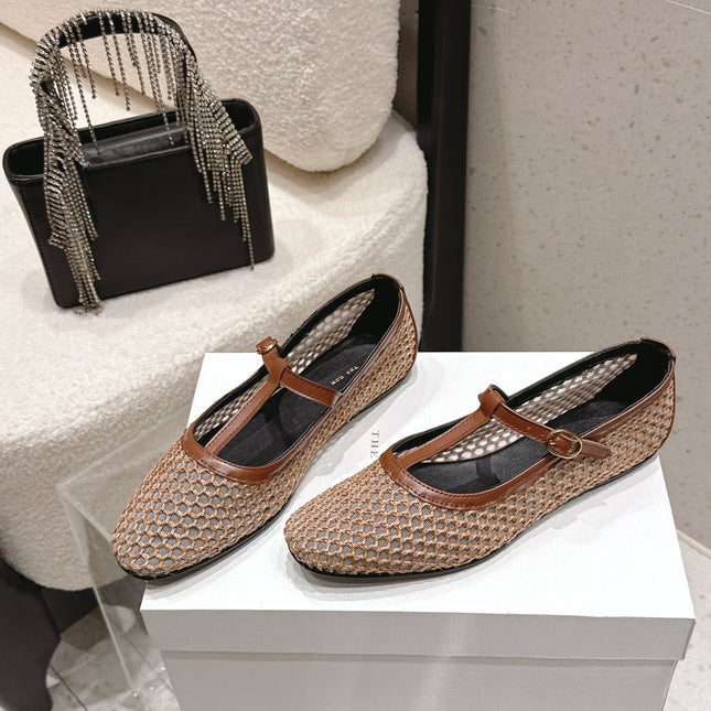 THE ROW 26S MARY JANE FLATS IN LIGHT BROWN CALFSKIN AND MESH