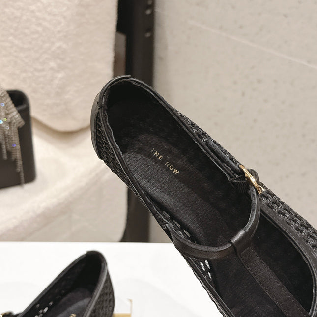 THE ROW 26S MARY JANE FLATS IN BLACK CALFSKIN AND MESH