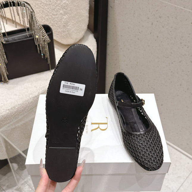 THE ROW 26S MARY JANE FLATS IN BLACK CALFSKIN AND MESH