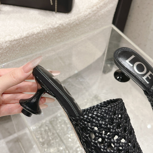 LOEWE 26S WOVEN HEEL SANDALS 50 MM IN BLACK LAMBSKIN