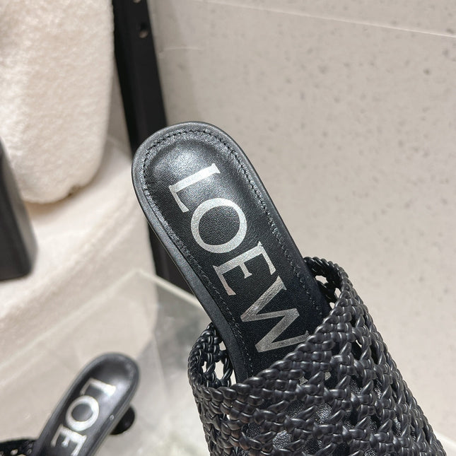 LOEWE 26S WOVEN HEEL SANDALS 50 MM IN BLACK LAMBSKIN