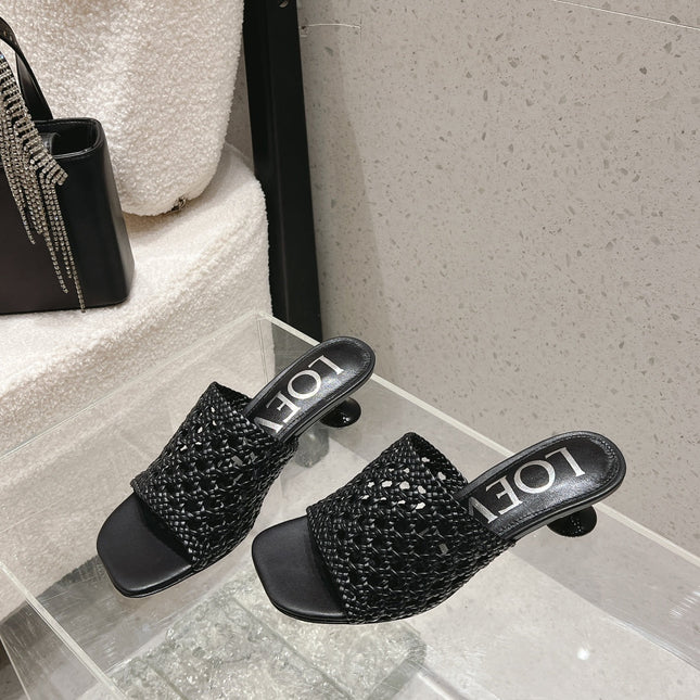 LOEWE 26S WOVEN HEEL SANDALS 50 MM IN BLACK LAMBSKIN