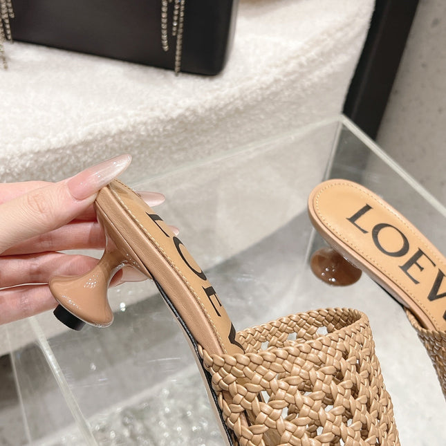 LOEWE 26S WOVEN HEEL SANDALS 50 MM IN DARK BEIGE LAMBSKIN